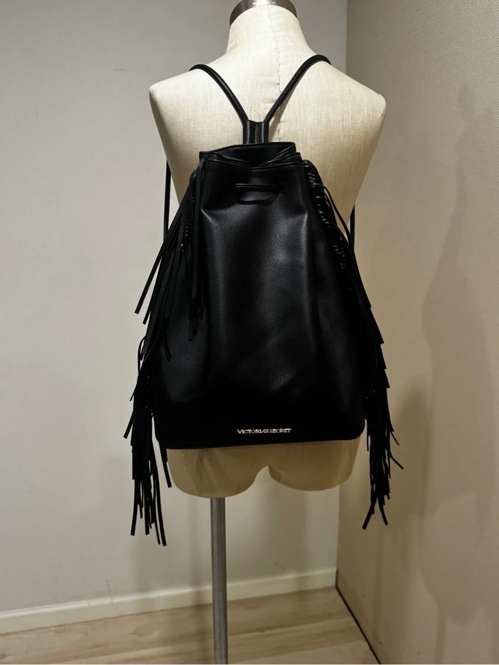 Victoria's Secret Black Fringe Drawstring Backpack